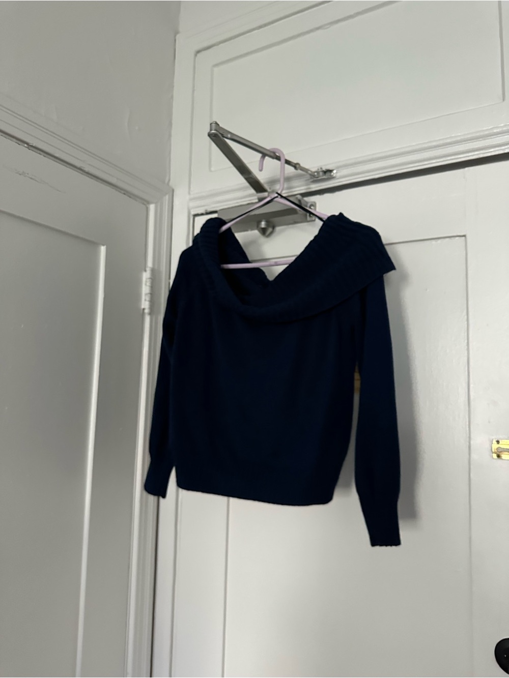stradivarius Navy Off-the-Shoulder Fold-Over Sweater